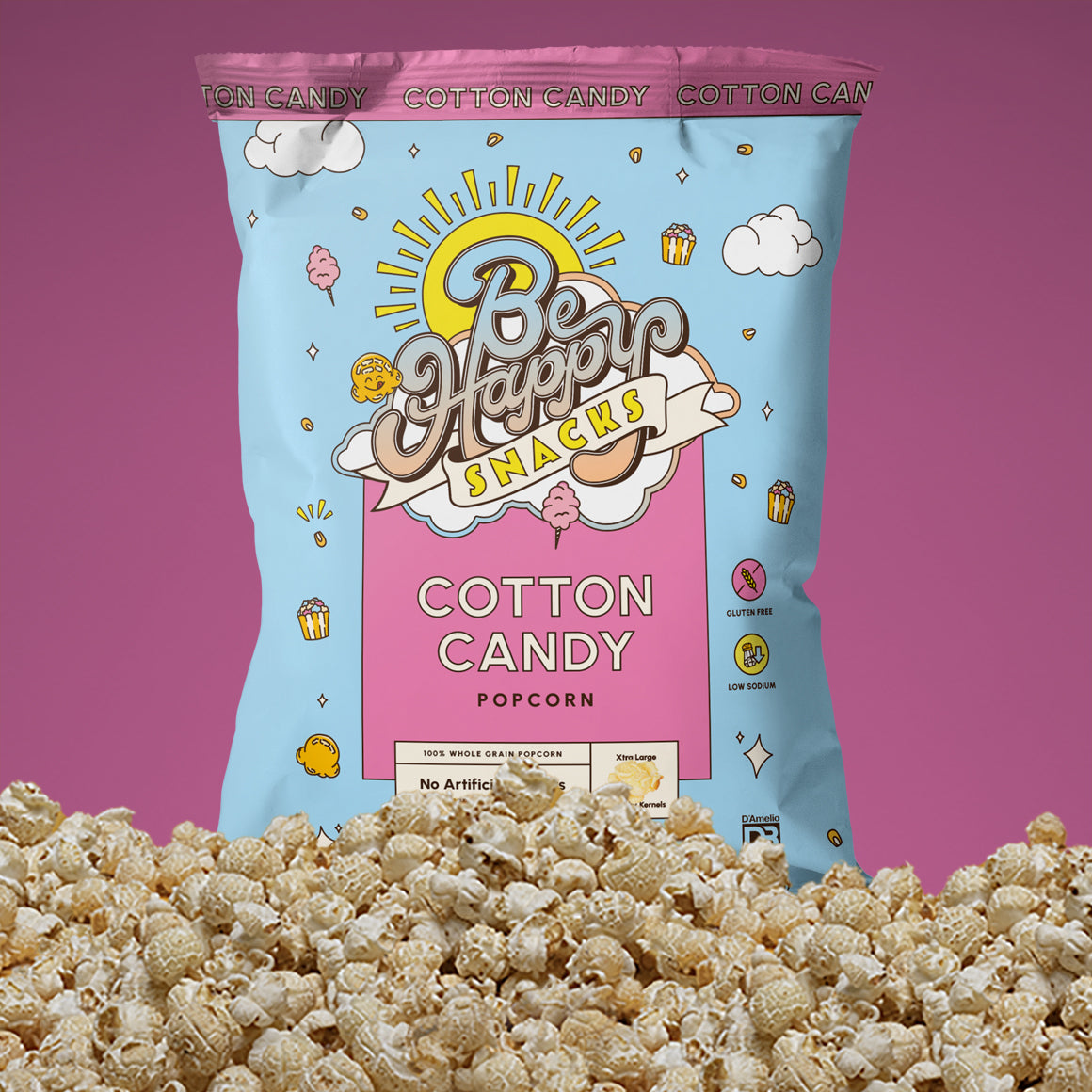 bag of Be Happy Snacks Cotton Candy Popcorn