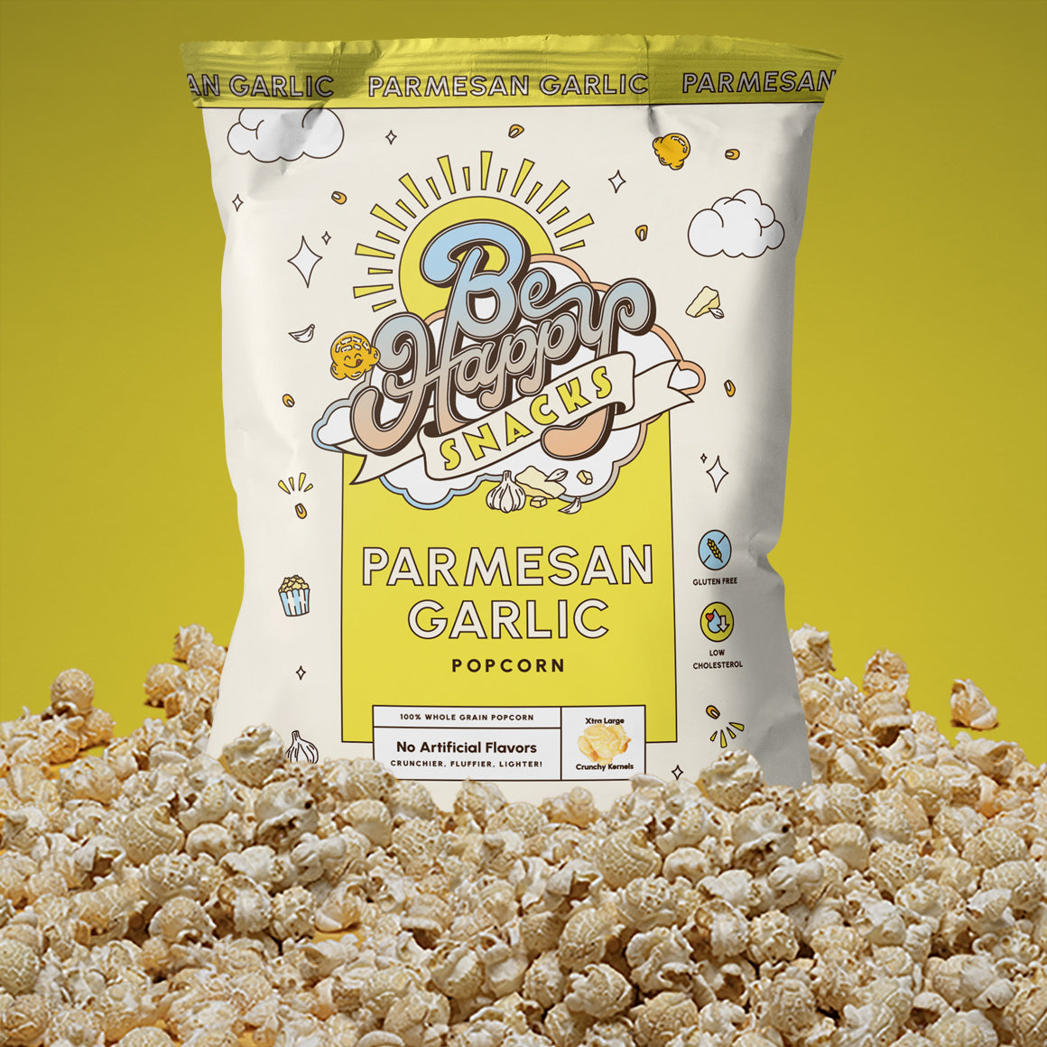 bag of Be Happy Snacks Parmesan Garlic Popcorn
